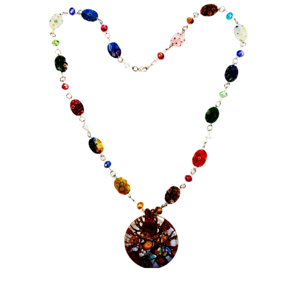 Millefore Art Glass Multicolored Floral Fused Glass Bead Pendant Necklace